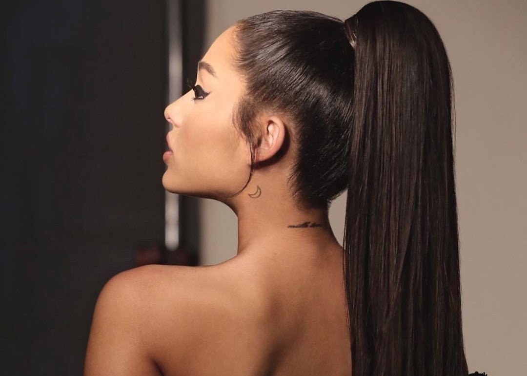 ariana grande high ponytail back view with exposed shoulders