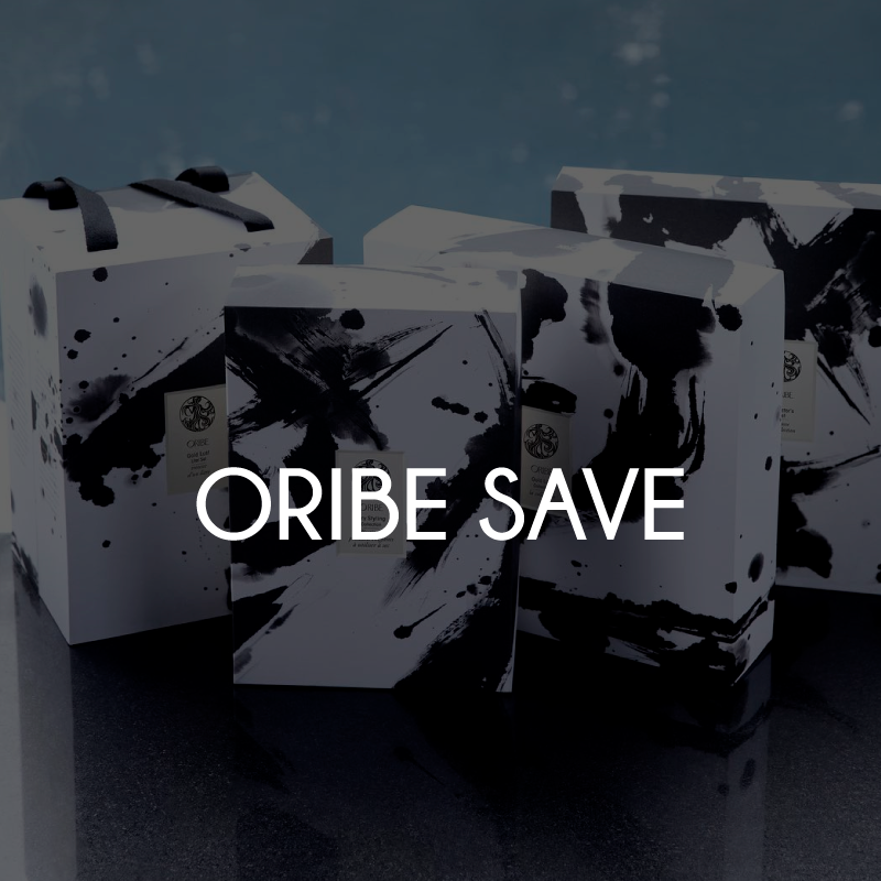 black and white oribe product boxes and bags with overlay text that reads oribe save